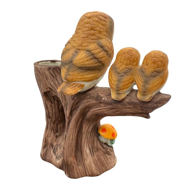 Vtg 70s Ardco Owl Family Bisque Porcelain Planter Bud Vase Tree Stump Mushroom - Picture 6 of 14